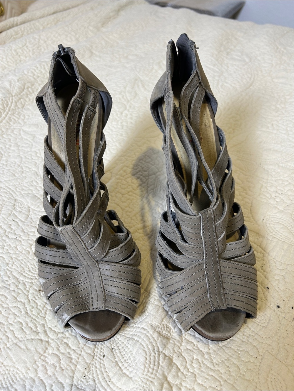 levity Gray Strappy Open-Toe Heels with Back Zip